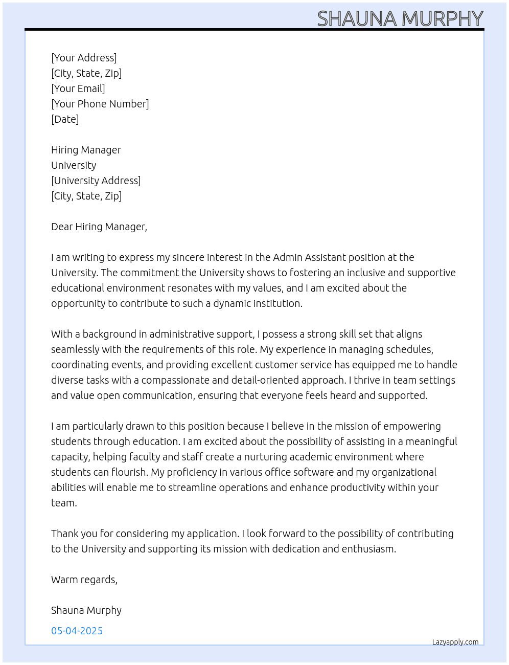 Admin assistant At University Cover Letter