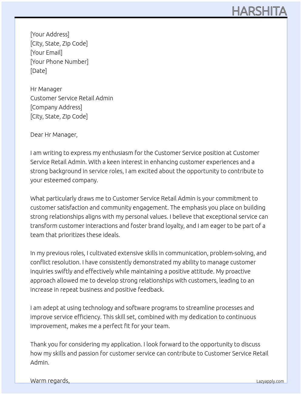 Costumer service  At Costumer service Retail admin Cover Letter