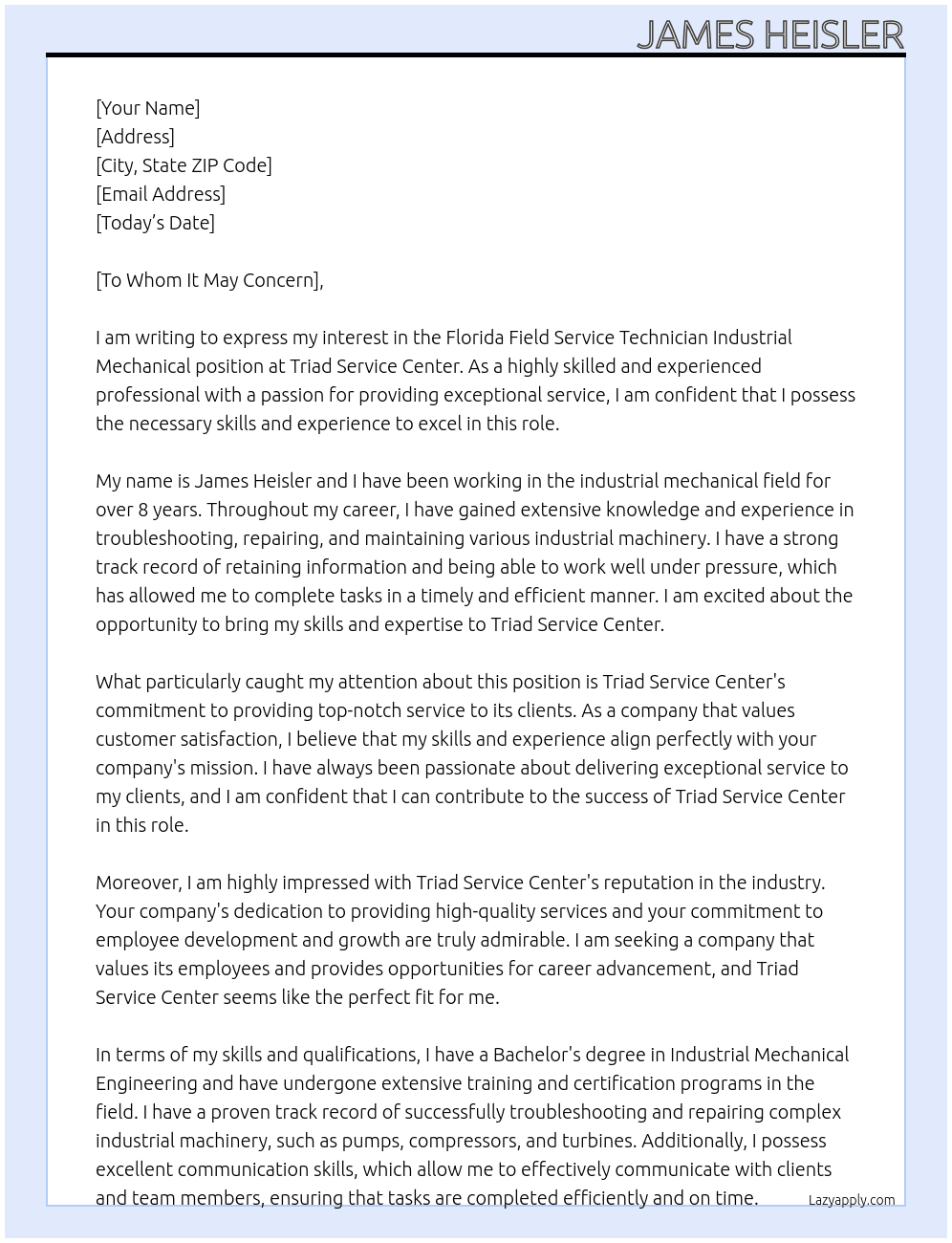 Florida Field Service Technicion Industrial mecha At Triad Service Center Cover Letter