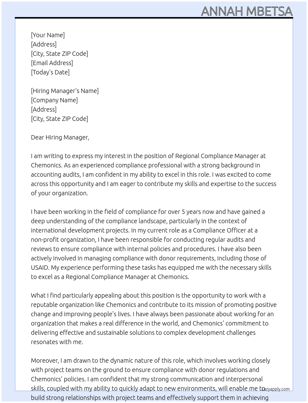 Regional Compliance Manager At Chemonics Cover Letter