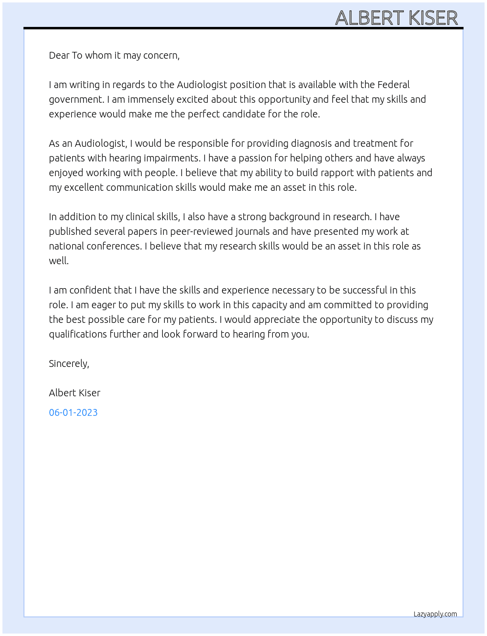Audiologist  At Federal goverment Cover Letter