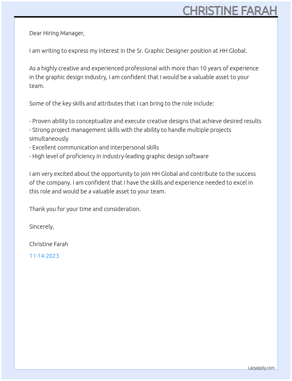 Sr. Graphic Designer At HH Global Cover Letter