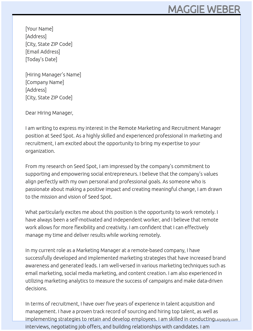 remote marketing and recruitment manager At Seed Spot Cover Letter