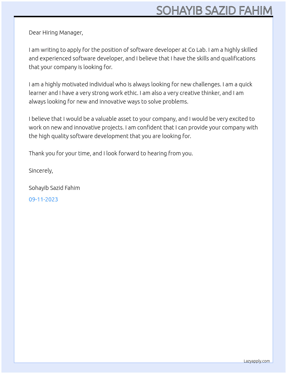 Software developer At Co Lab Cover Letter
