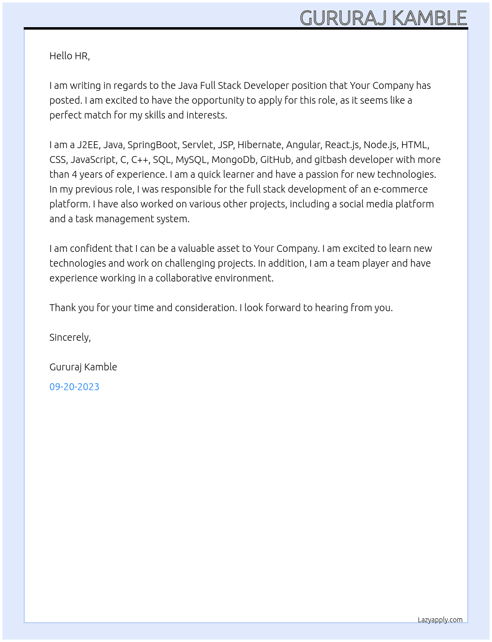 Java Full Stack Developer At Your Company Cover Letter