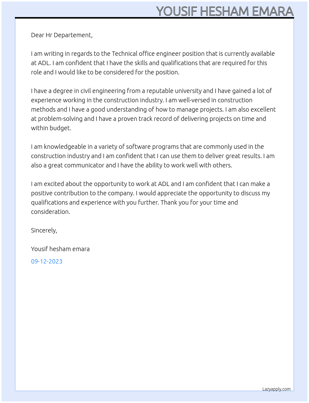 Technical office engineer At ADL Cover Letter