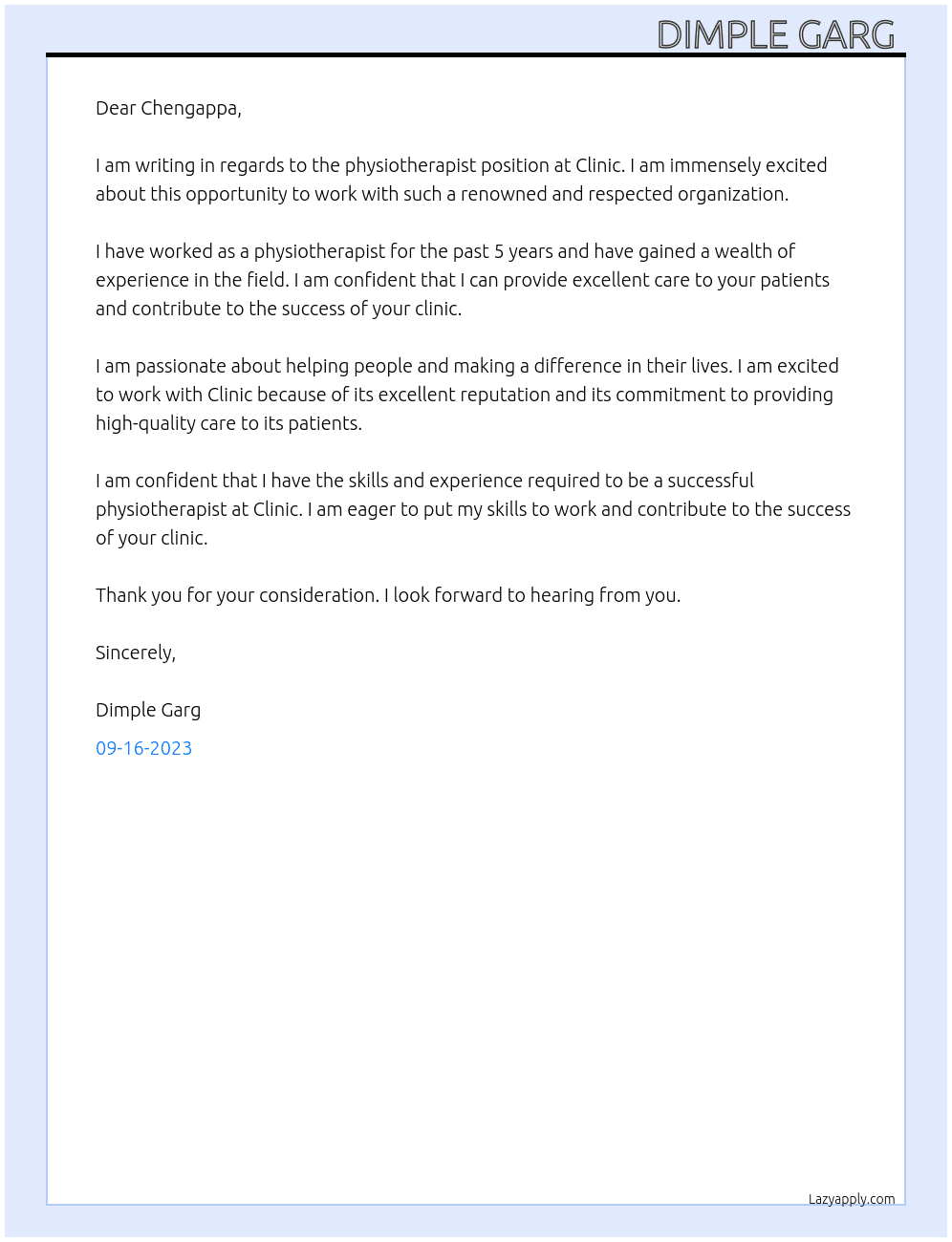 Physiotherapist  At Clinic  Cover Letter