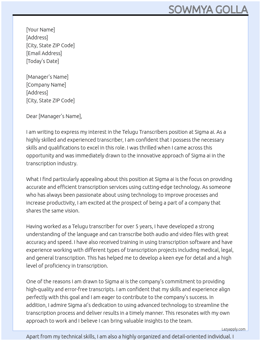 Cover letter for telugu transcribers - LazyApply