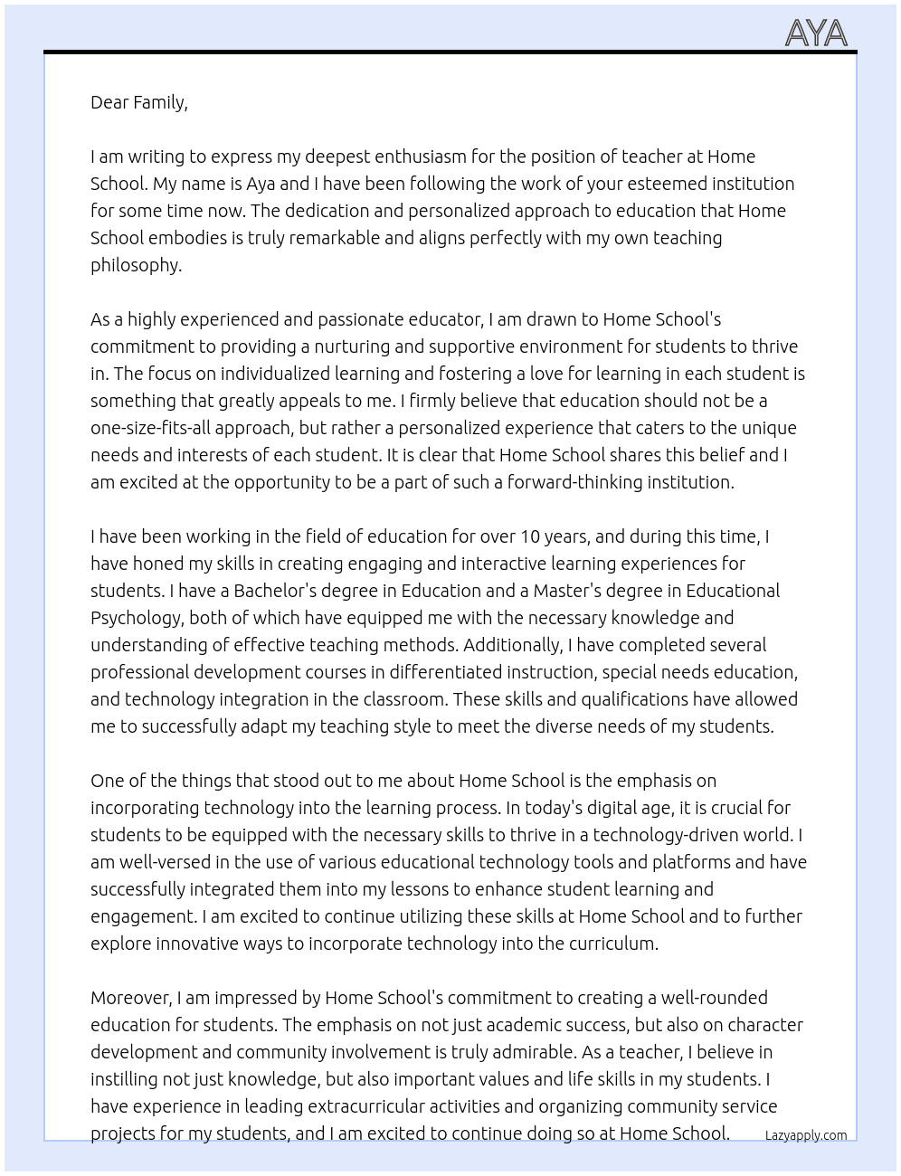 teacher  At home school  Cover Letter
