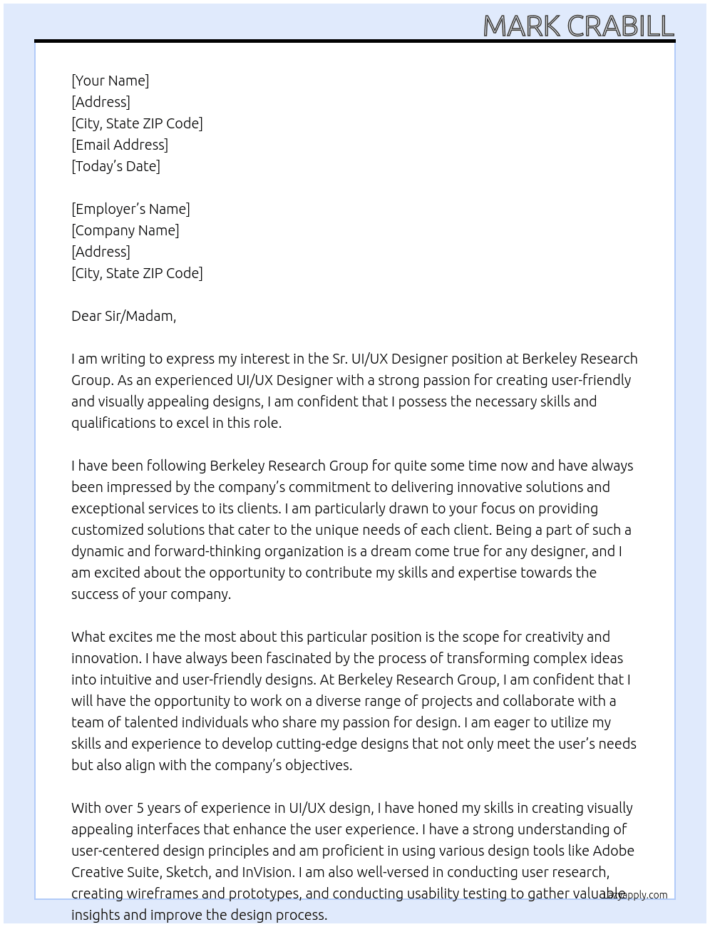 Sr. UI/UX Designer At Berkeley Research Group Cover Letter