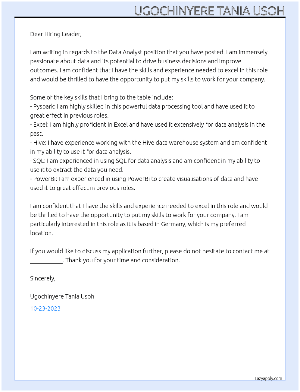 Data Ananyst At Germany Cover Letter