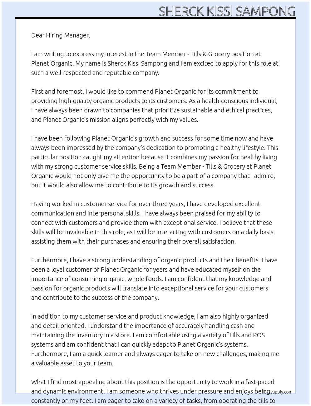 Team Member - Tills & Grocery At Planet Organic Cover Letter
