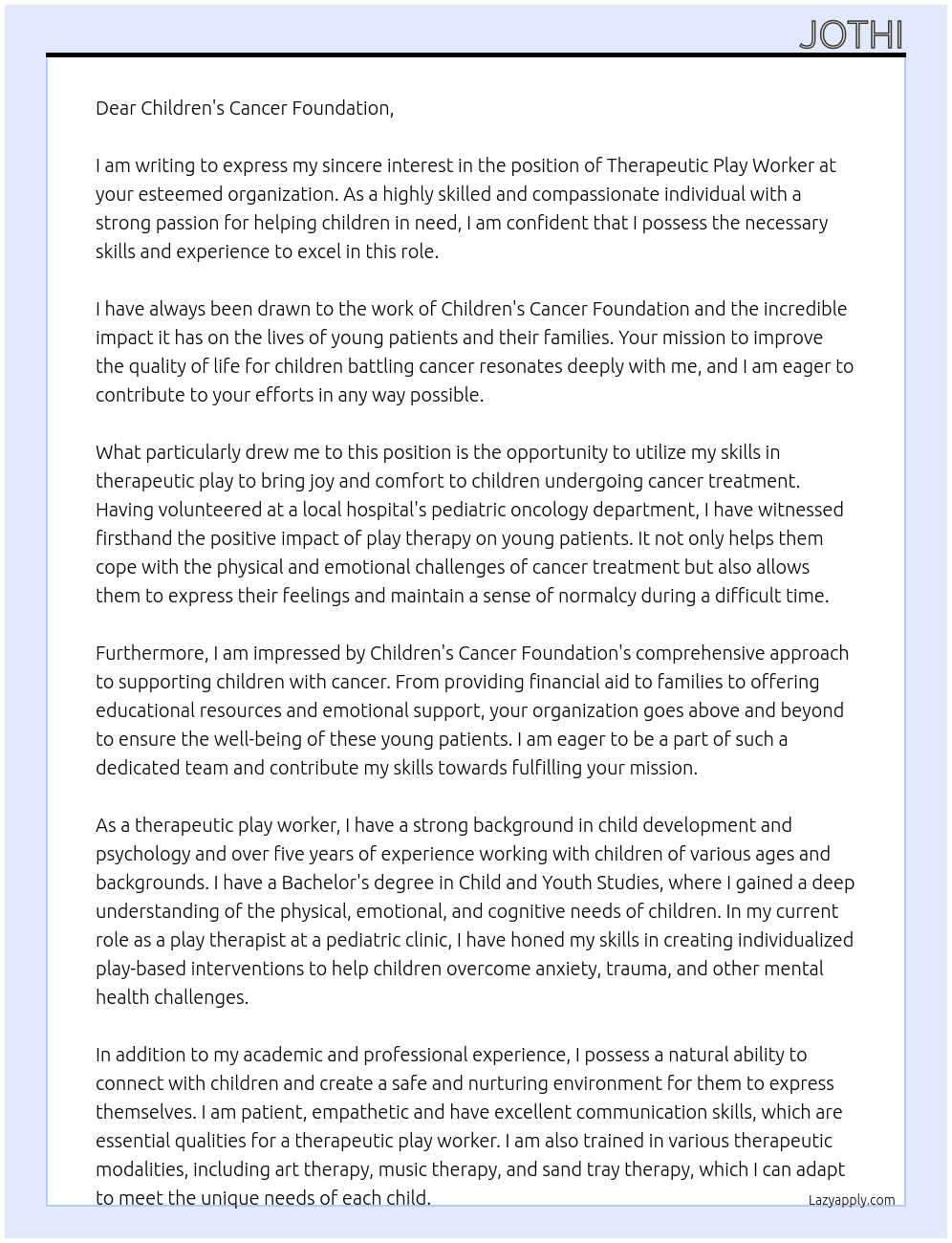 Therapeutic Play Worker At Children's Cancer Foundation Cover Letter
