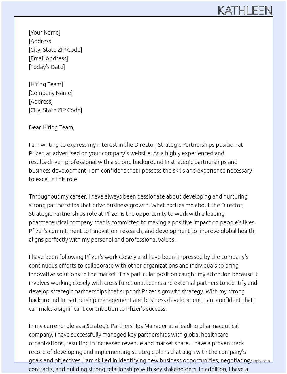Director, Strategic Partnerships At Pfizer Cover Letter