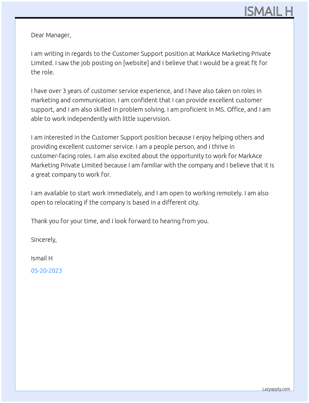 Customer support At MarkAce Marketing Private Limited Cover Letter