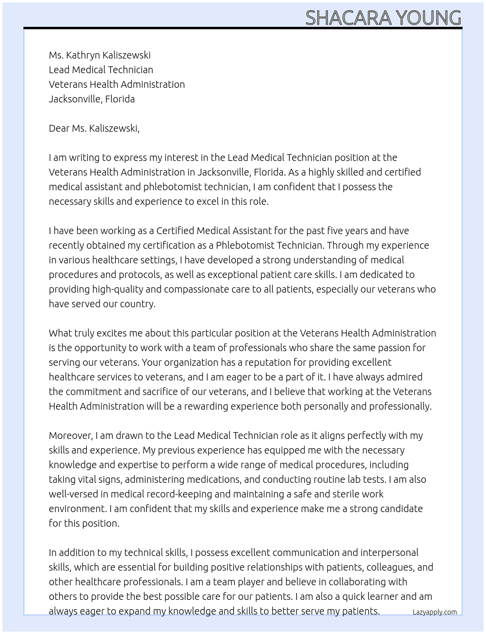 Lead Medical Technician  At Veterans Health Admnistration Cover Letter