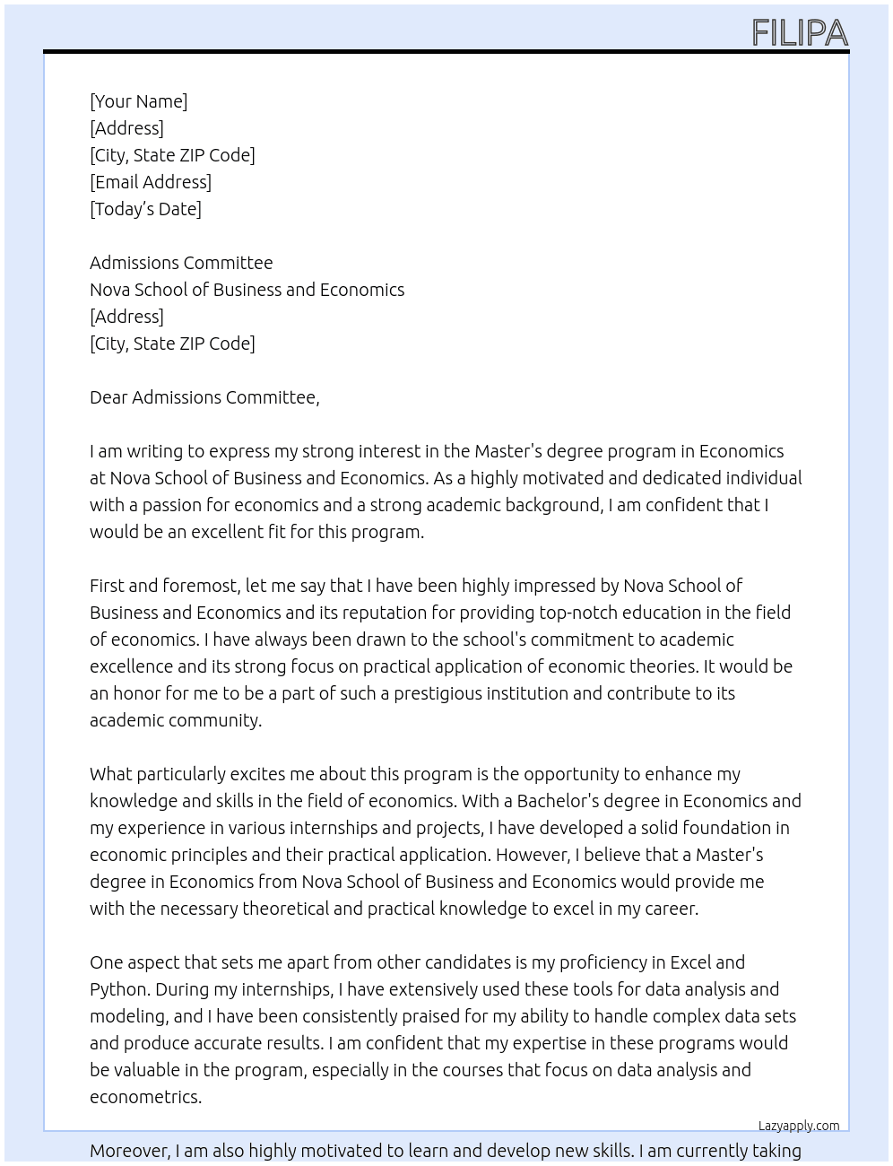 Master's degree in Economics At Nova School of Business and Economics Cover Letter