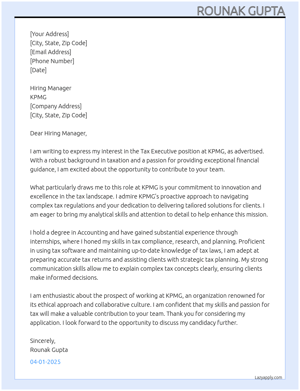 Cover letter for tax executive - LazyApply