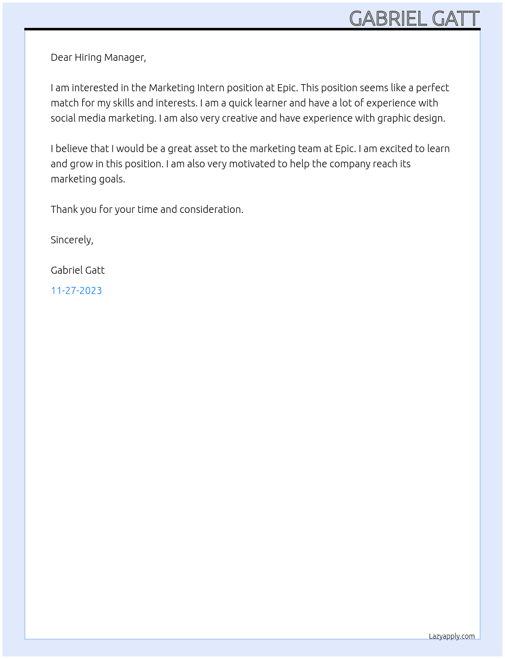 Marketing Intern At Epic Cover Letter