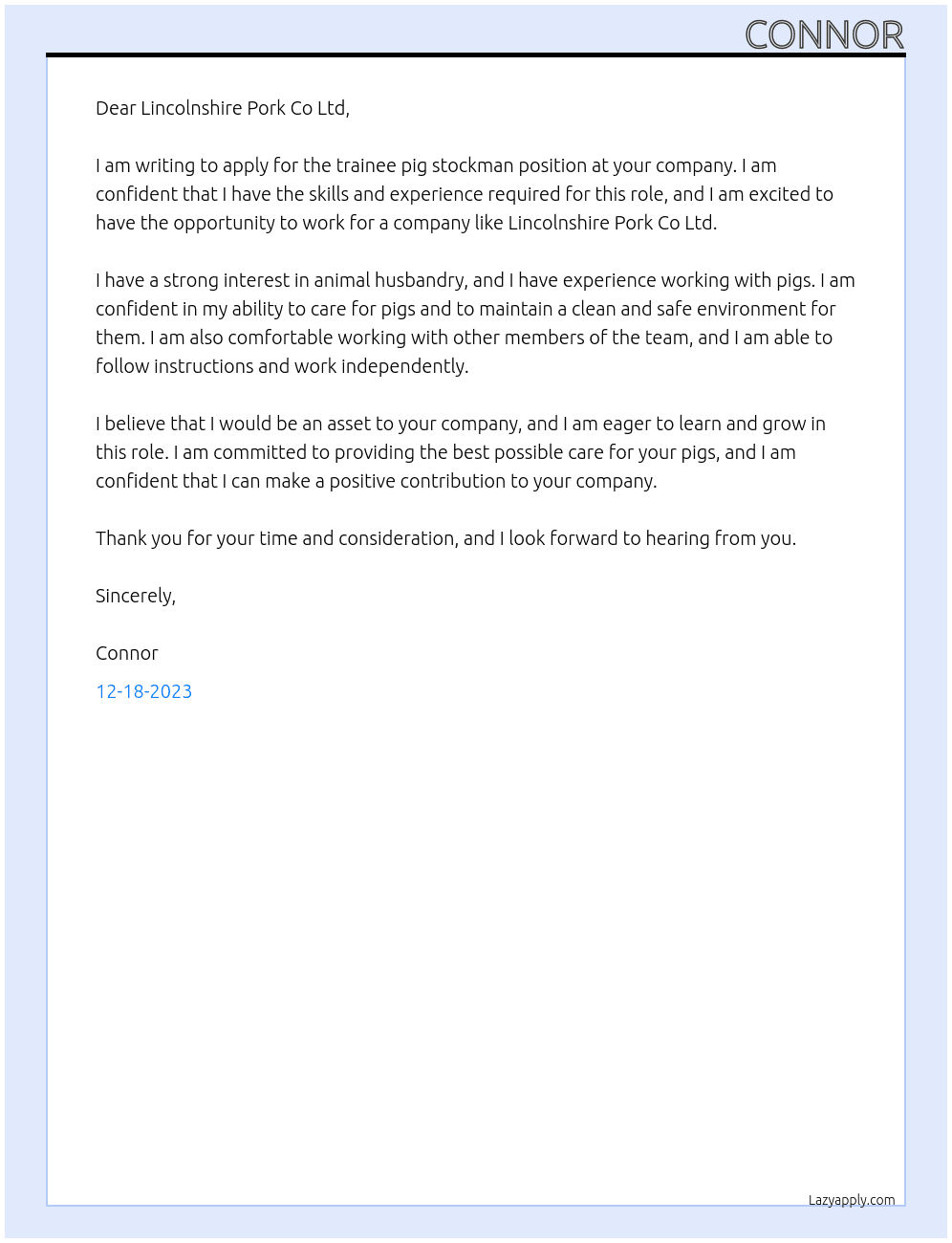 trainee pig stockman At Lincolnshire Pork Co Ltd  Cover Letter