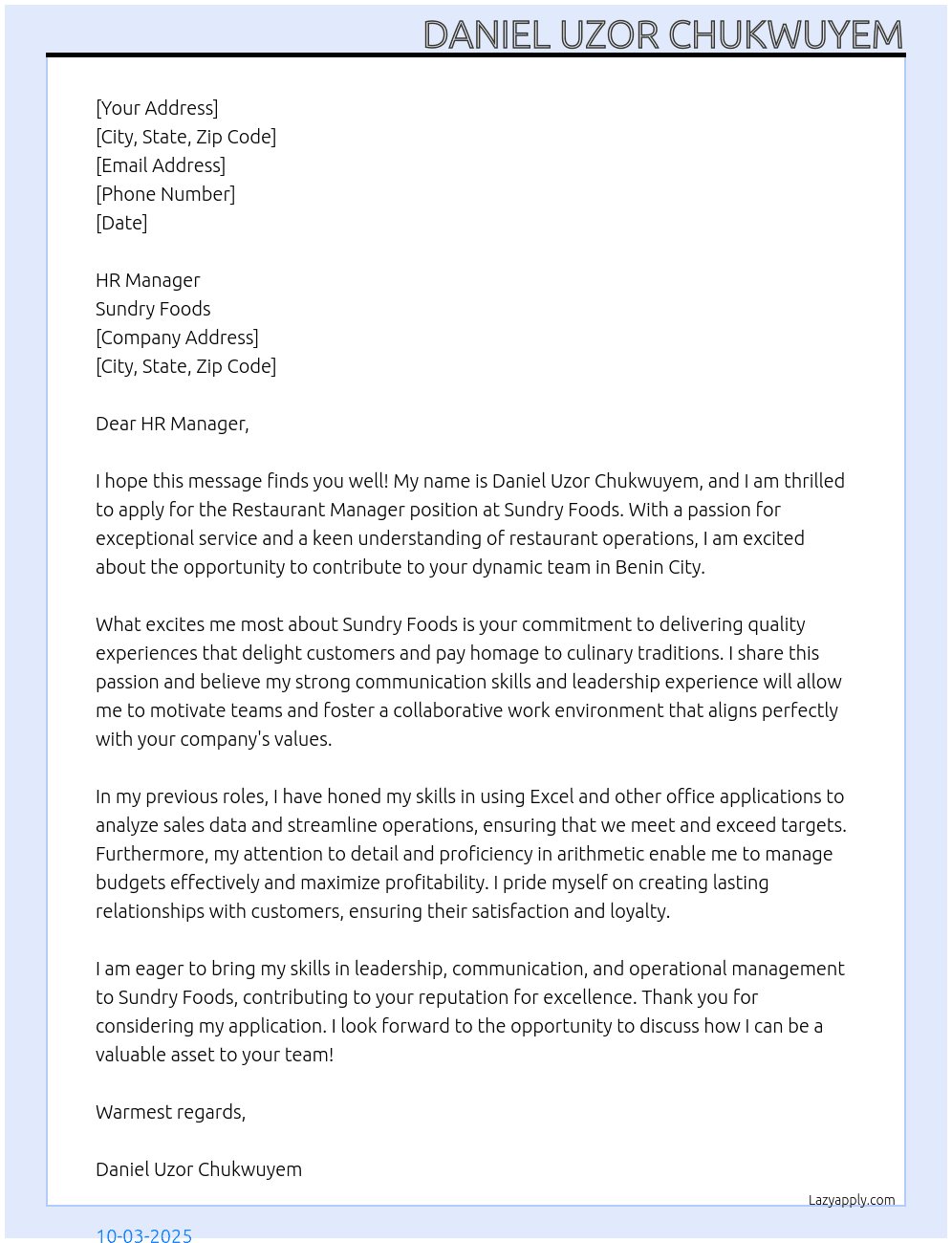 Restaurant Manager  At Sundry foods Cover Letter