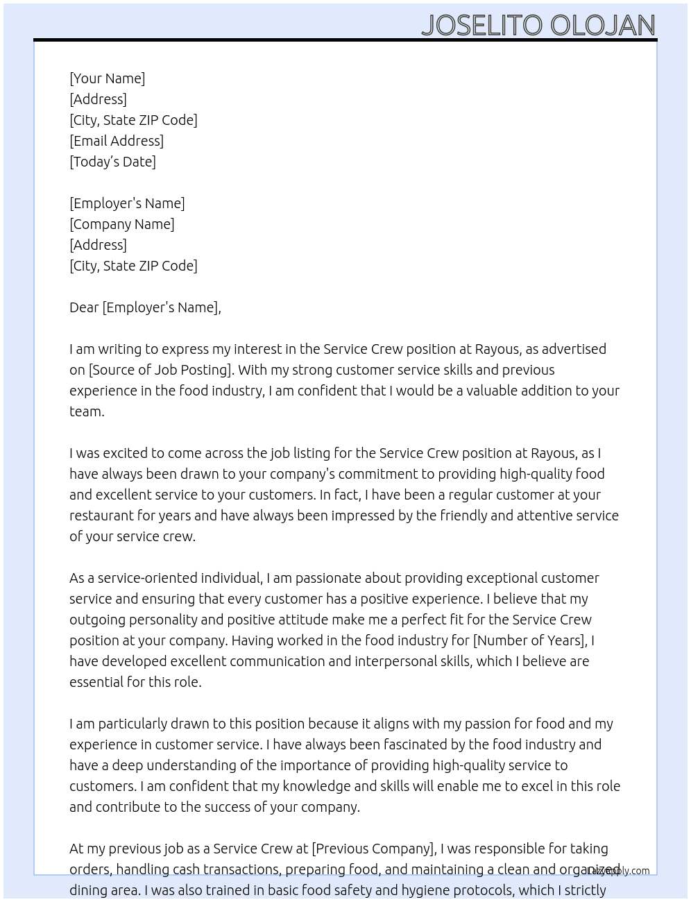 Service crew At Rayous Cover Letter
