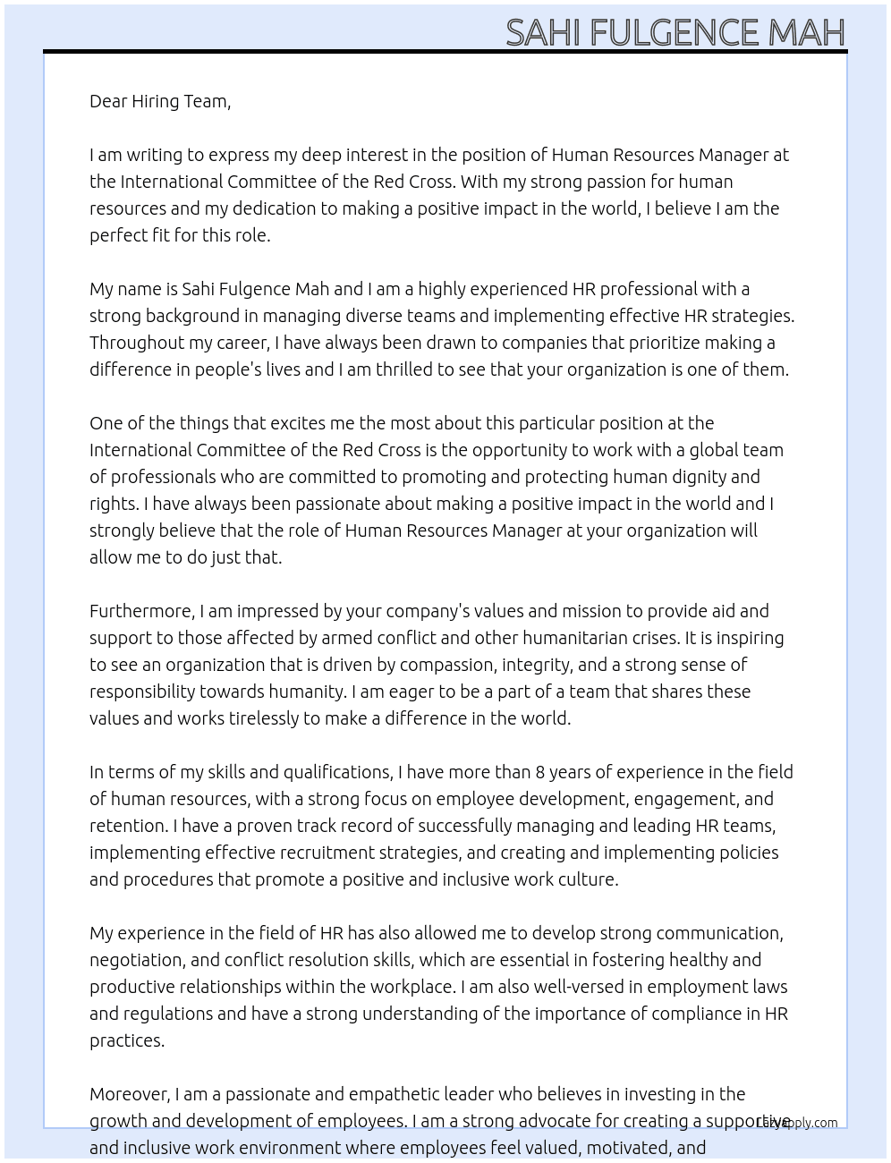 HUMAN RESOURCES MANAGER At International Committee of the Red Cross Cover Letter