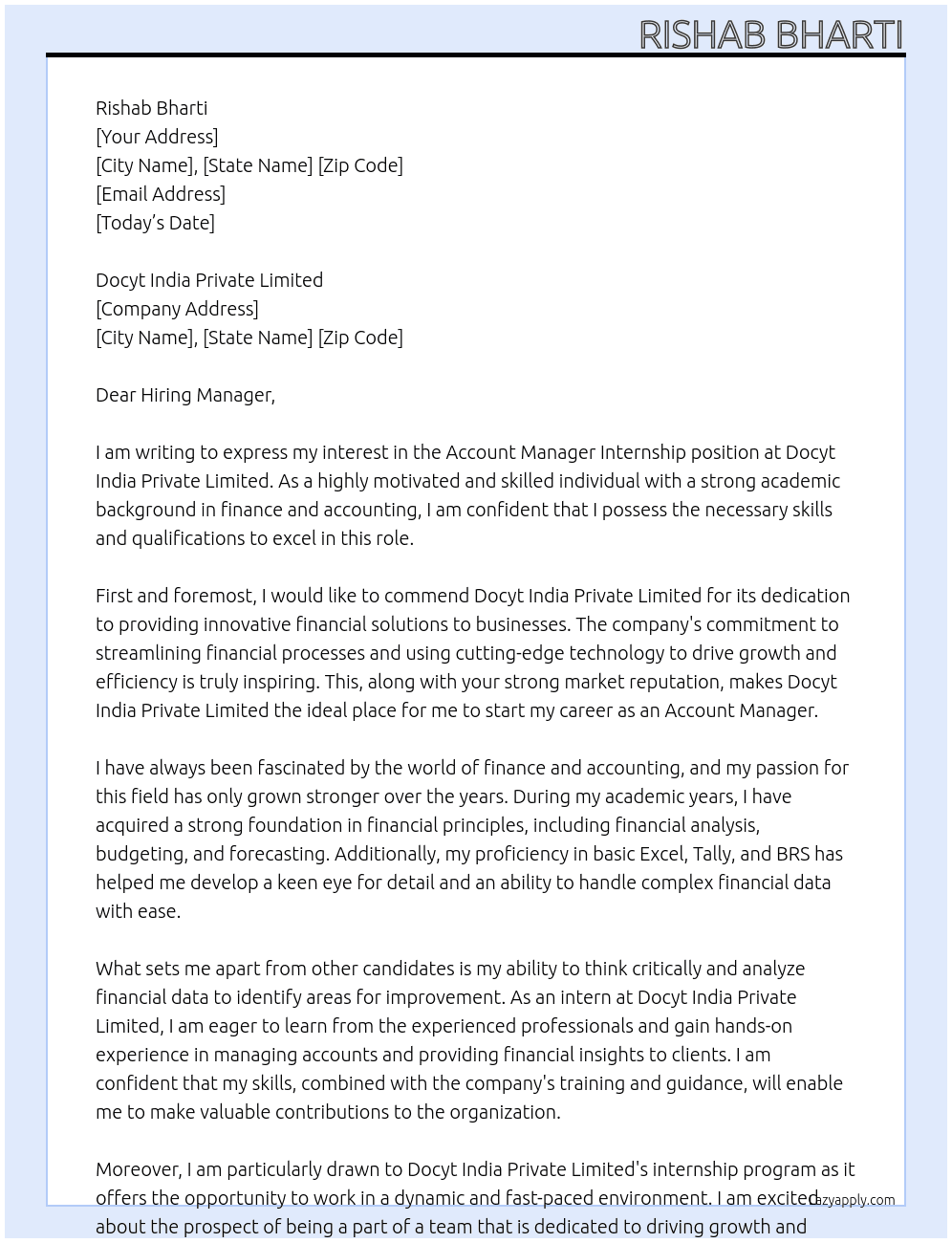 Account manager At Docyt india Private limited  Cover Letter