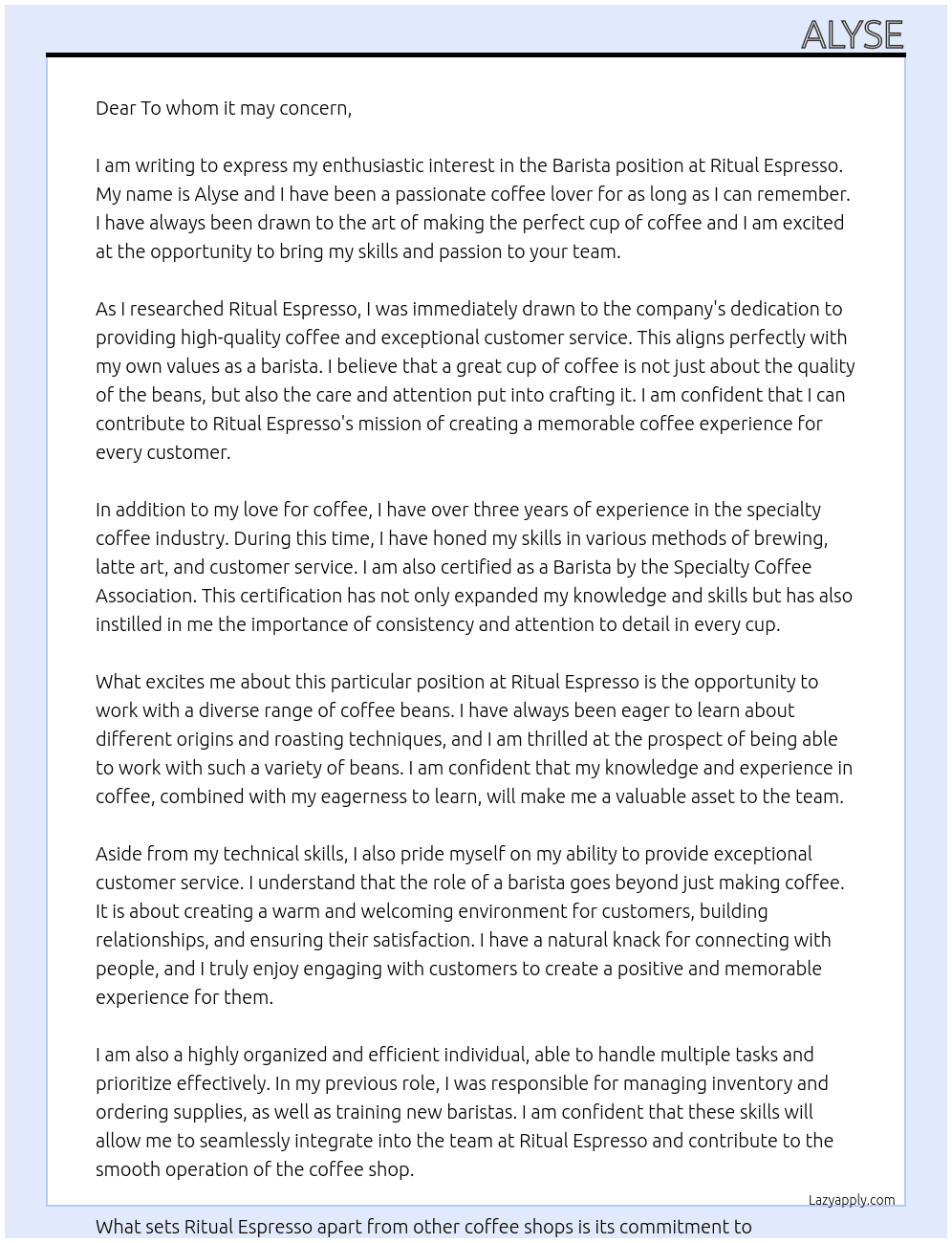 Barista At Ritual Espresso Cover Letter