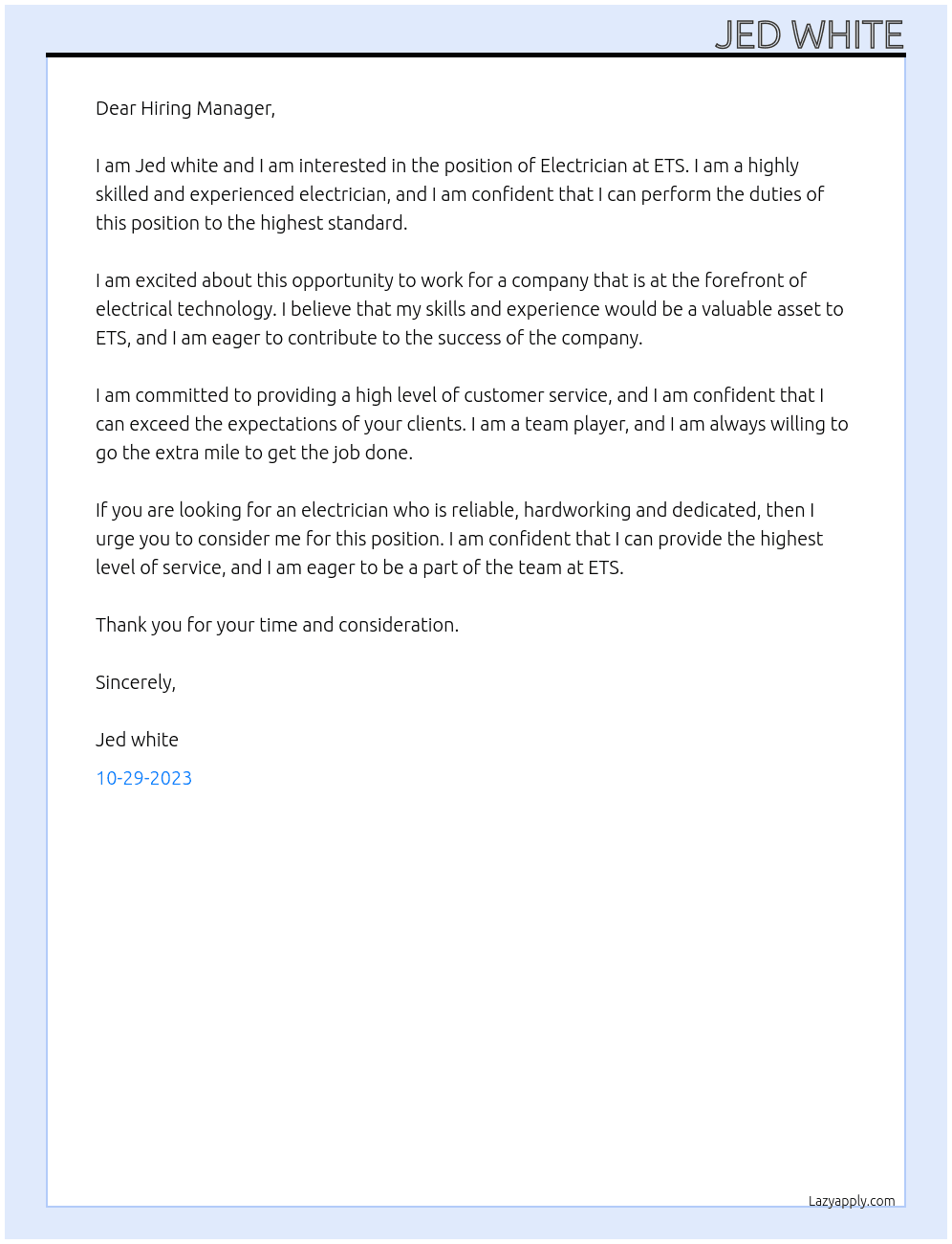Electrician At ETS Cover Letter