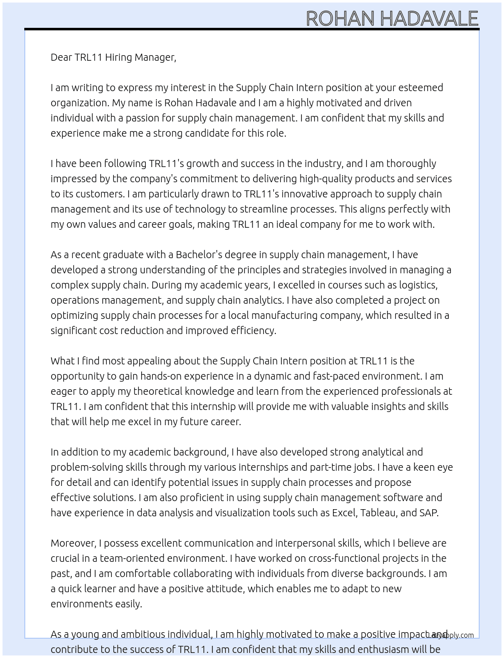 Supply Chain Intern At TRL11 Cover Letter