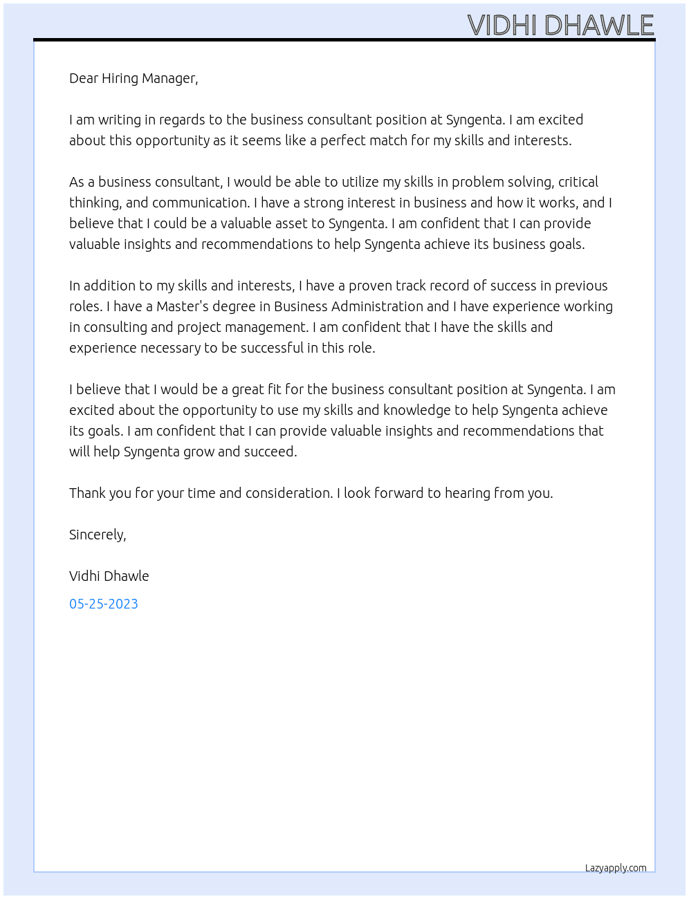 business consultant At syngenta Cover Letter