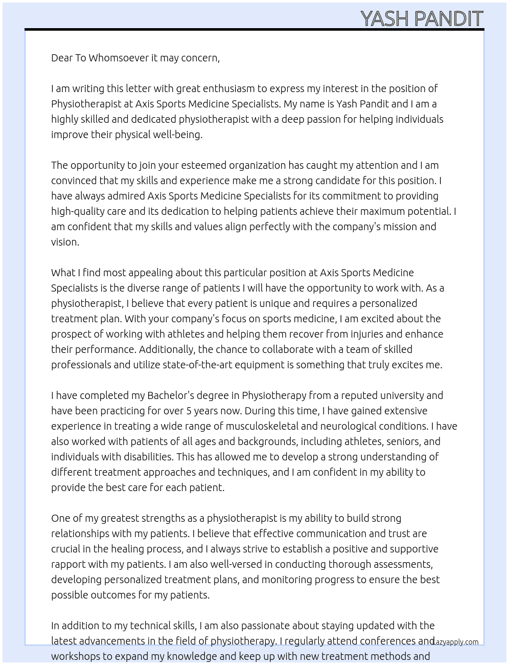 Physiotherapist At Axis Sports Medicine Specialists Cover Letter
