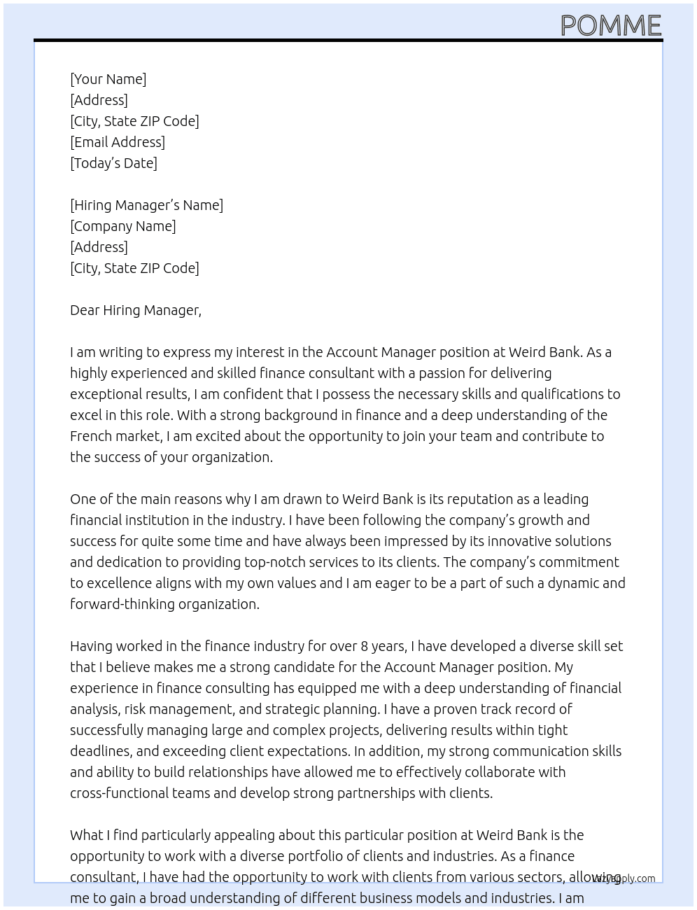 Account manager At Weird Bank Cover Letter