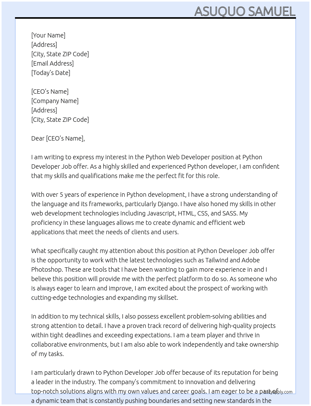 Python Web Developer At Python Developer Job offer Cover Letter