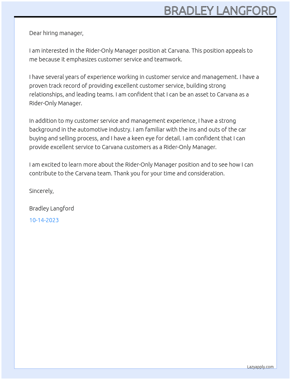 Rider-Only Manager At carvana Cover Letter
