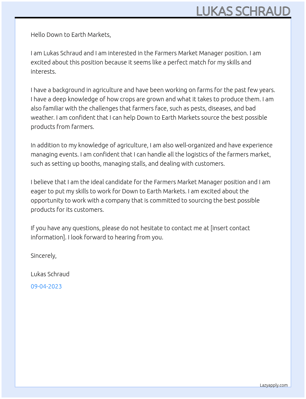 Farmers Market Manager At Down to Earth Markets Cover Letter