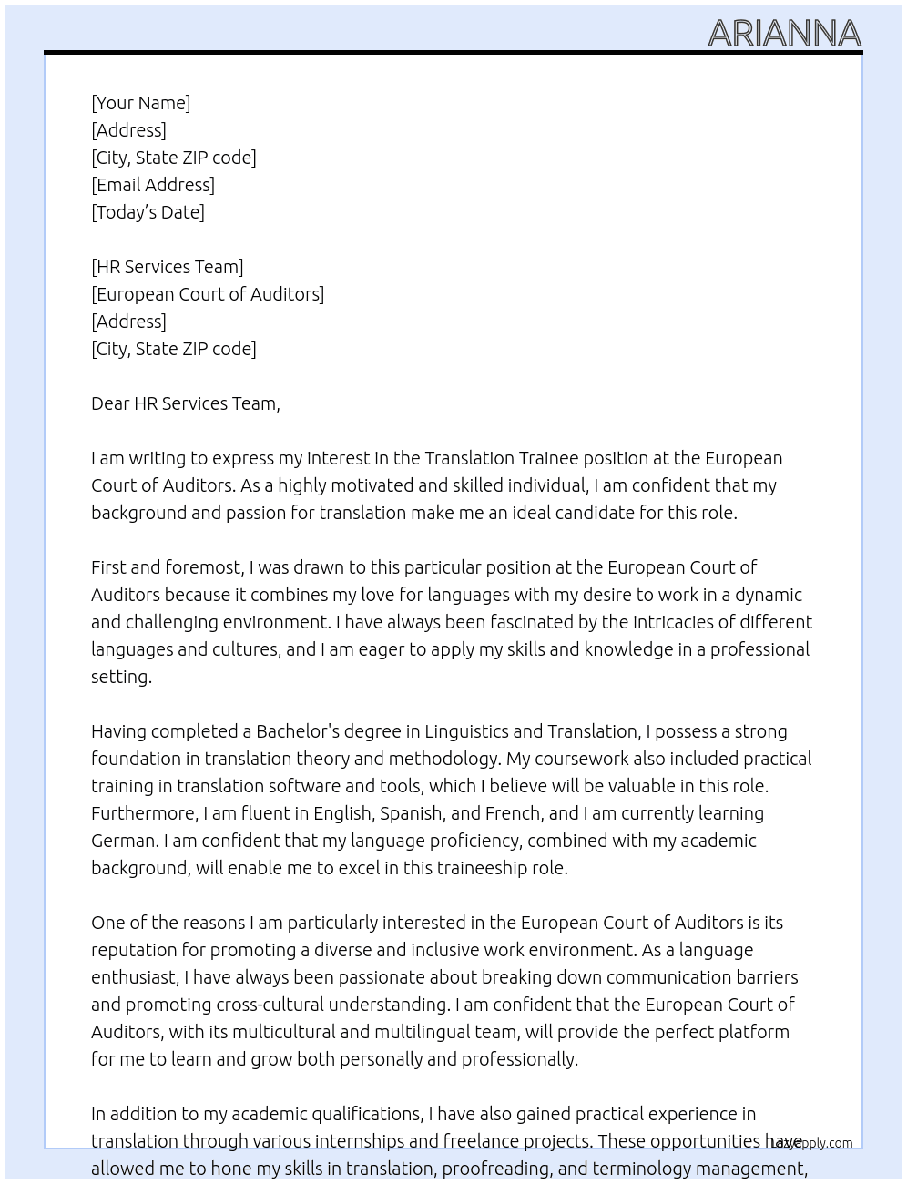 Tranlsation trainee At European Court of Auditors Cover Letter