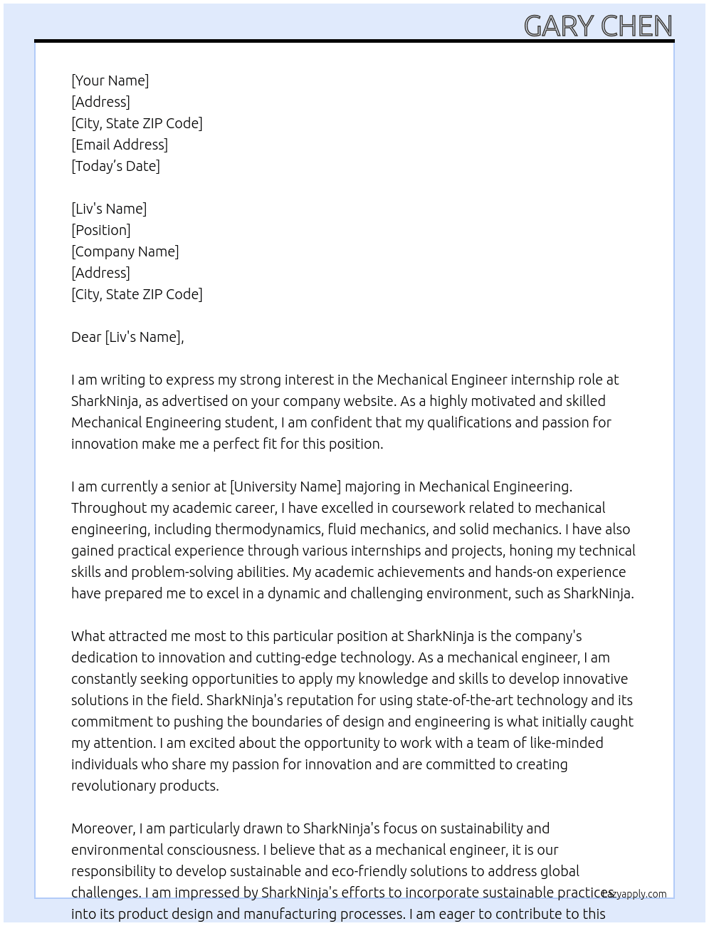 Mechanical Engineer At SharkNinja Cover Letter