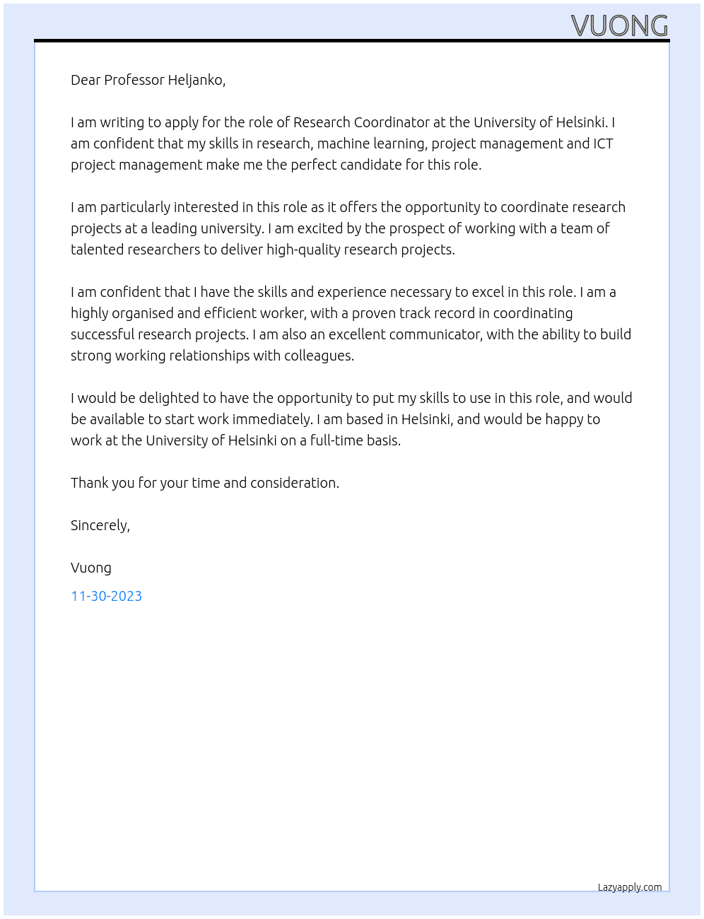 research coordinator At University of helsinki Cover Letter