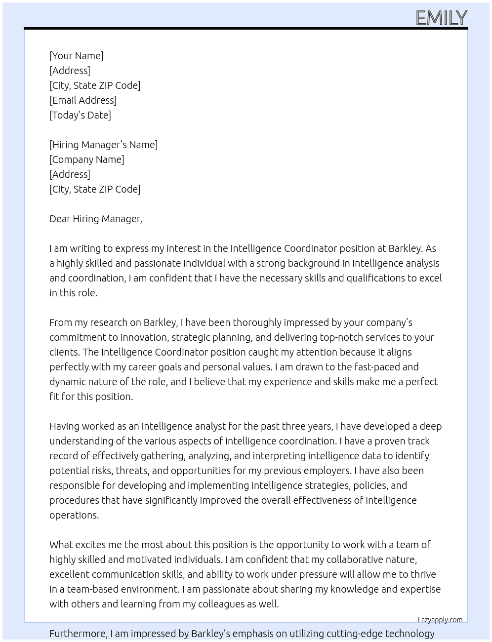Intelligence Coordinator At Barkley Cover Letter