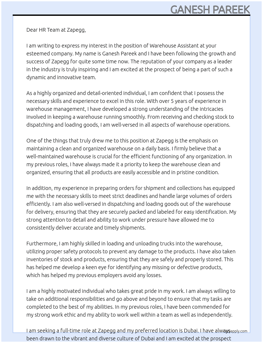 warehouse Assistance At Zapegg Cover Letter