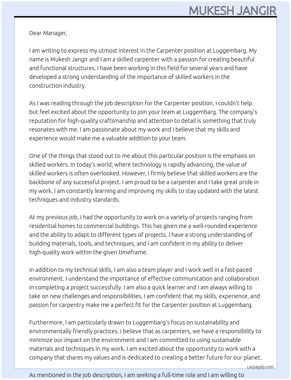 Carpenter At Luggembarg  Cover Letter