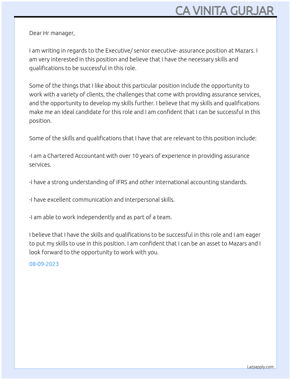 Executive/ senior executive- assurance  At Mazars  Cover Letter