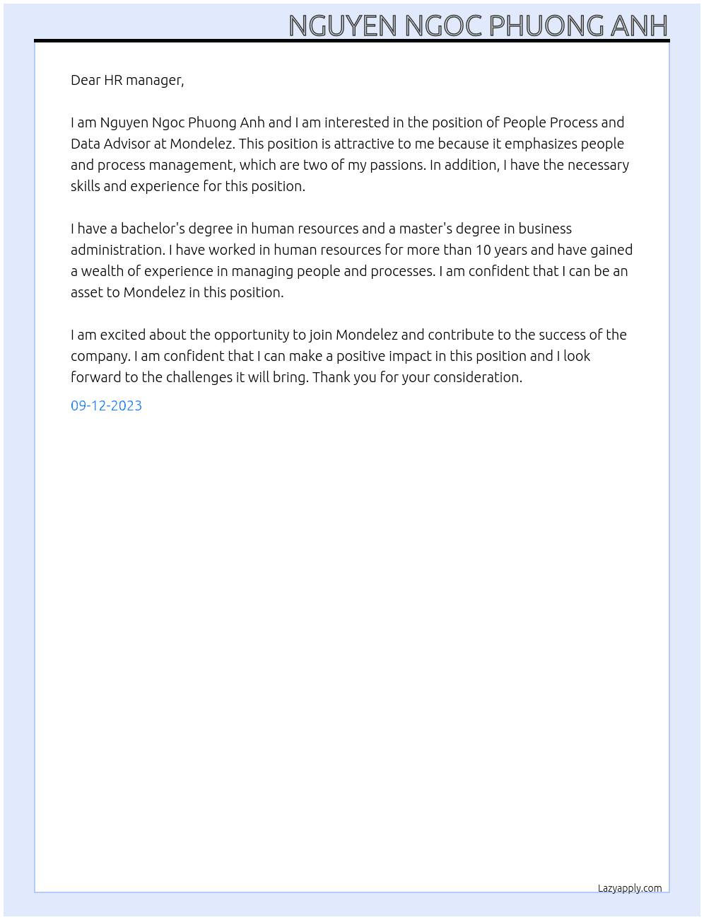People Process and Date Advisor At Mondelez Cover Letter