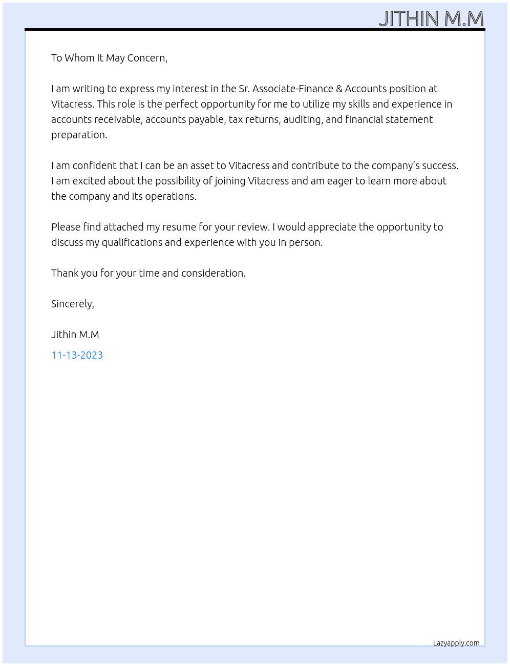 Sr Associate finance and accounts  At Vitacress Cover Letter
