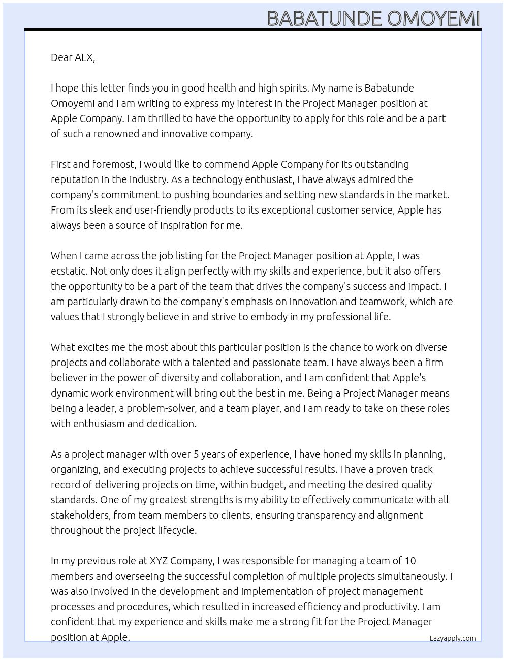 project manager At Apple company Cover Letter