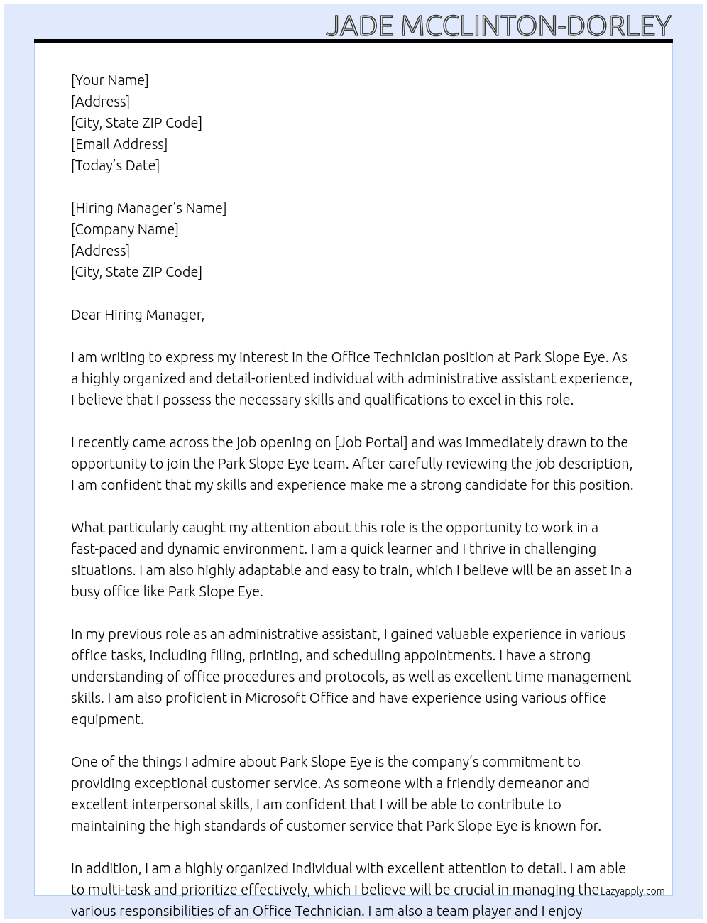 Office Technician At Park Slope Eye Cover Letter