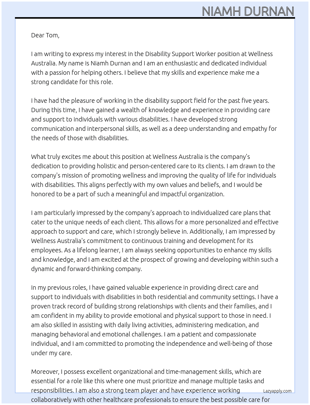 disability support worker At Wellness Australia Cover Letter