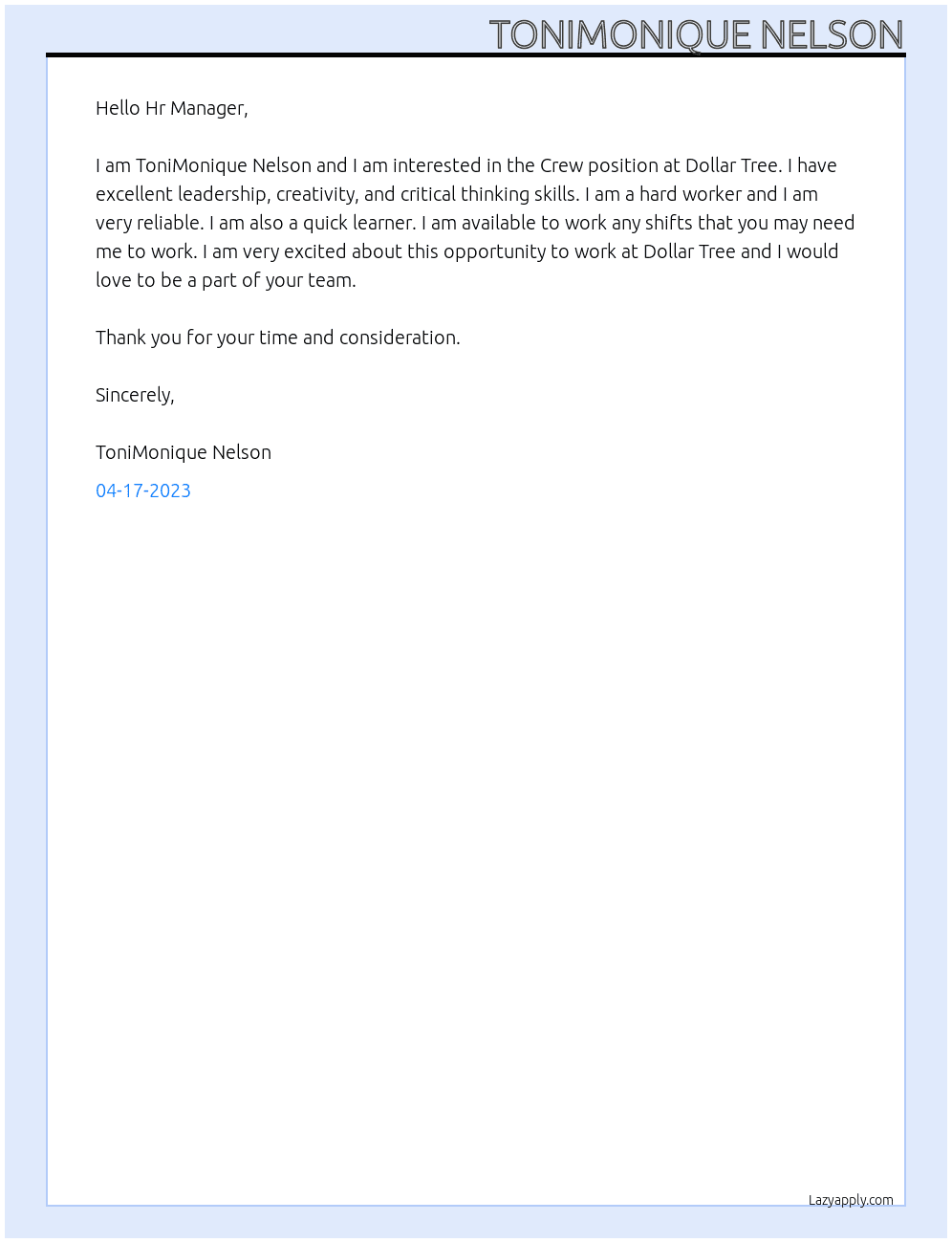 Crew  At Dollar Tree Cover Letter